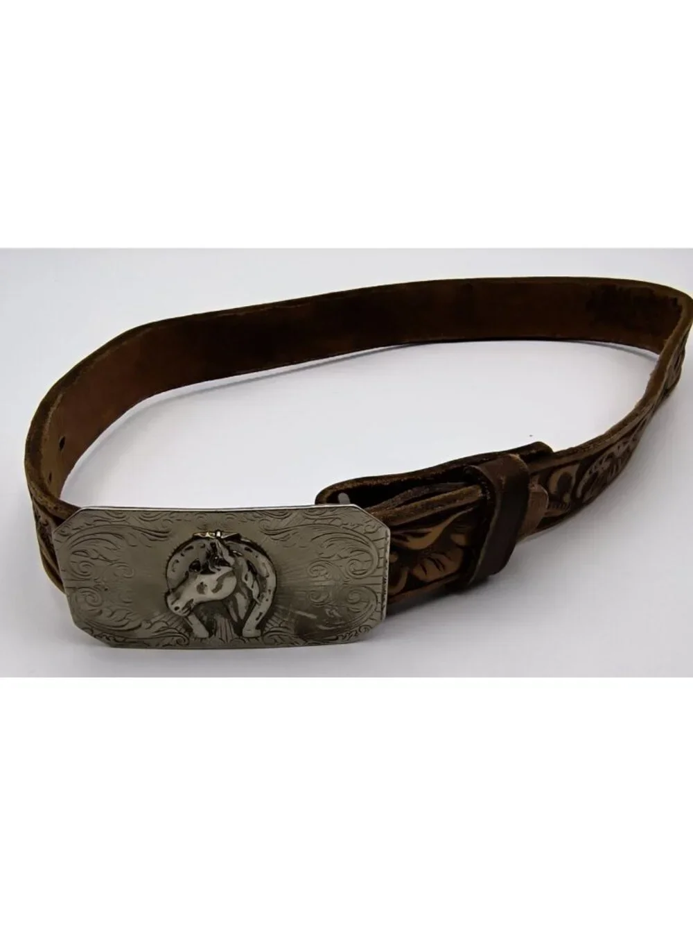 Vintage Tooled Leather Belt With Horse Head Buckle Western Style 24